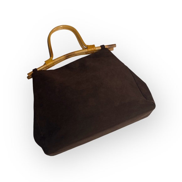 90’s: Julie Brown ꕥ Bamboo Boho Top Handle Satchel Bag ꕥ Chocolate Micro Suede ꕥ - Picture 6 of 16